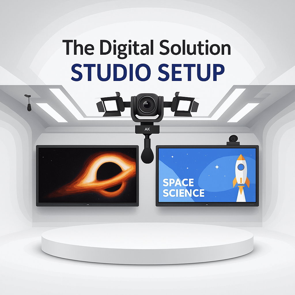 Futuristic studio setup with two digital displays, a PTZ camera, lights, and “The Digital Solution Studio Setup” branding